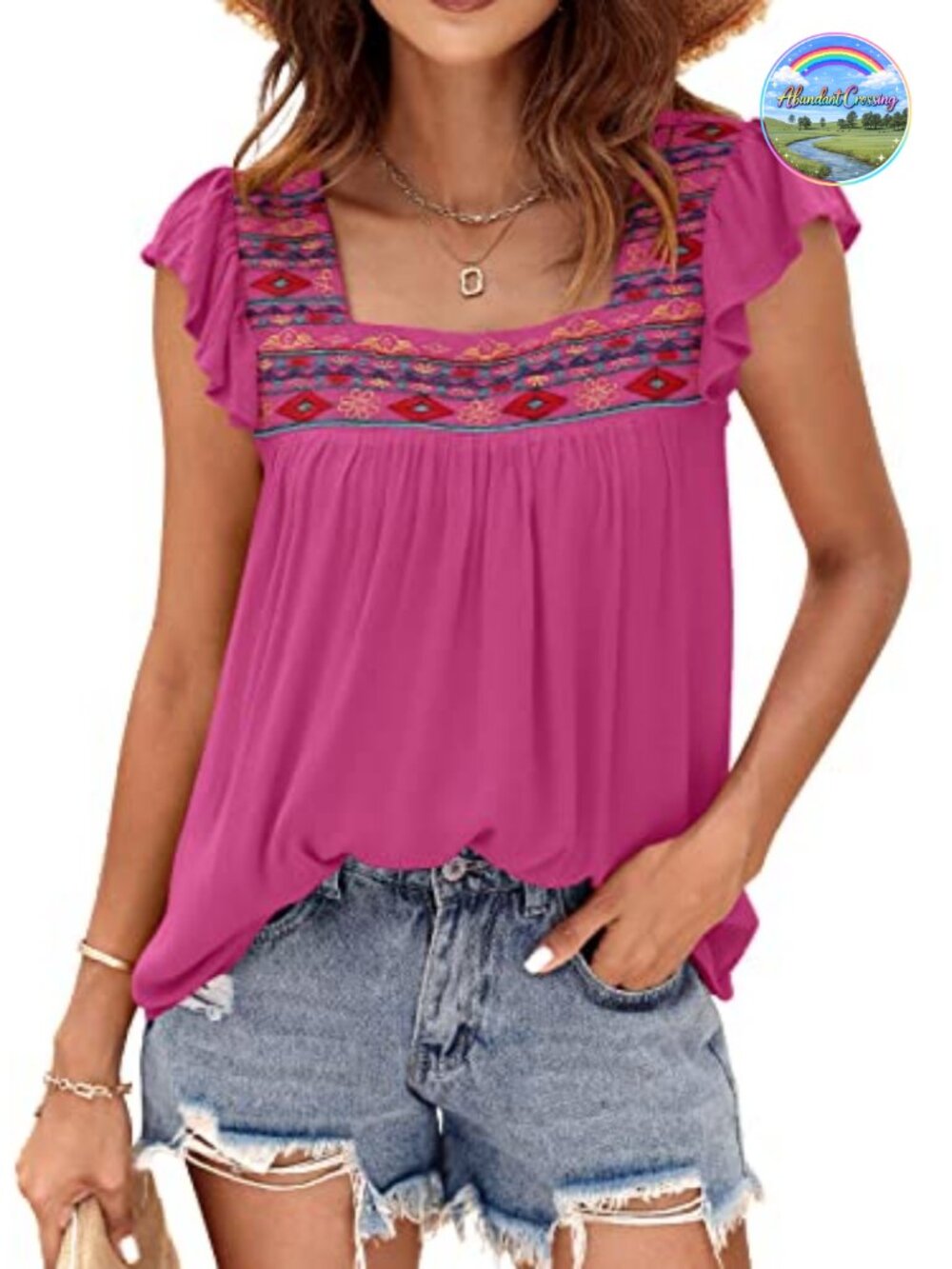 Women's Square Neck Embroidered Babydoll Peasant Top Ruffle Sleeve Flowy